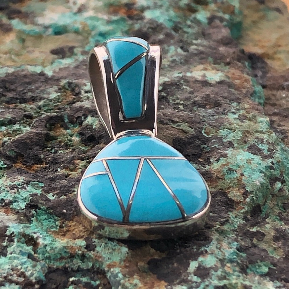 Zuni Inlaid Drop Turquoise Silver Pendant - Picture 5 of 8